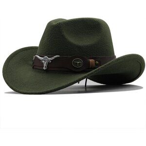 Unisex Olive Green 100% Polyester Bull Skull Band Classic Fedora Felt Cowboy Hat